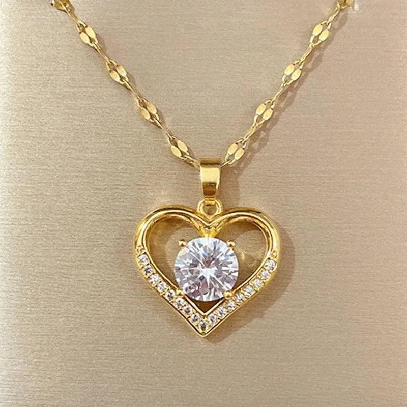 Golden Heart Pendant Necklace with Zircon Accent