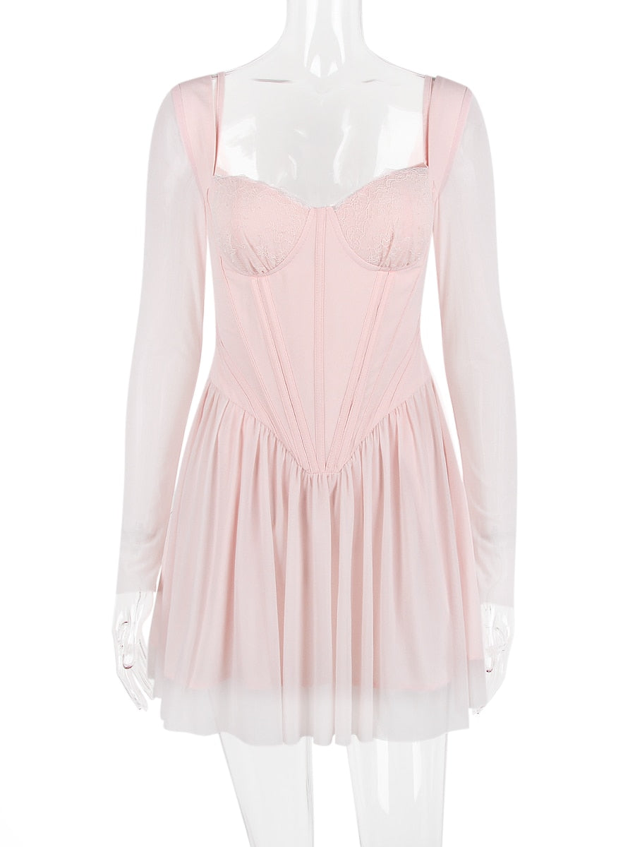 Pink Long Sleeve Bustier Frill Mini Dress