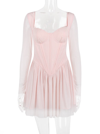 Pink Long Sleeve Bustier Frill Mini Dress