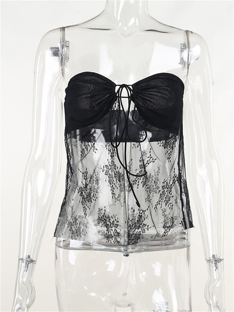 Lace Sheer Tube Tie Up Slit Top