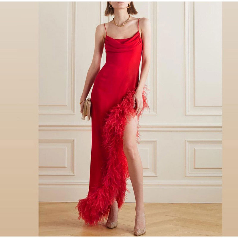 Red Strap Feather Slit Trim Midi Dress