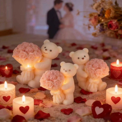 Teddy Bear Holding Rose Bouquet Silicone Mold - Romantic Candle and Resin Casting for Valentine's Day