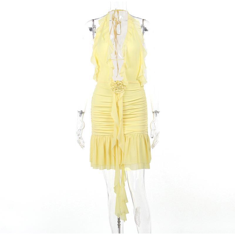 Frill Deep Neck Halter Mini Ruched Dress