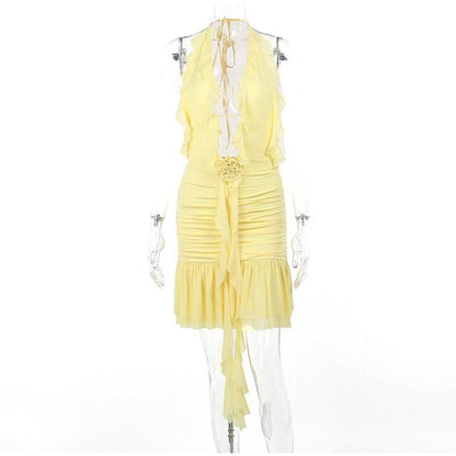Frill Deep Neck Halter Mini Ruched Dress