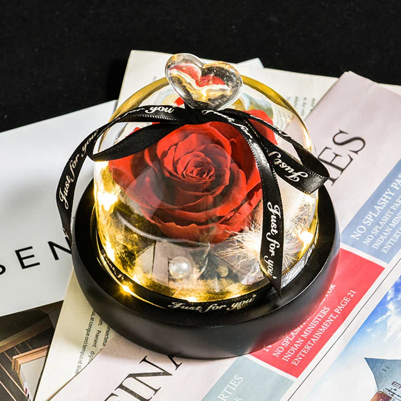 Forever Preserved Rose in Heart Glass Dome with LED Light for Valentine and Special Occasions