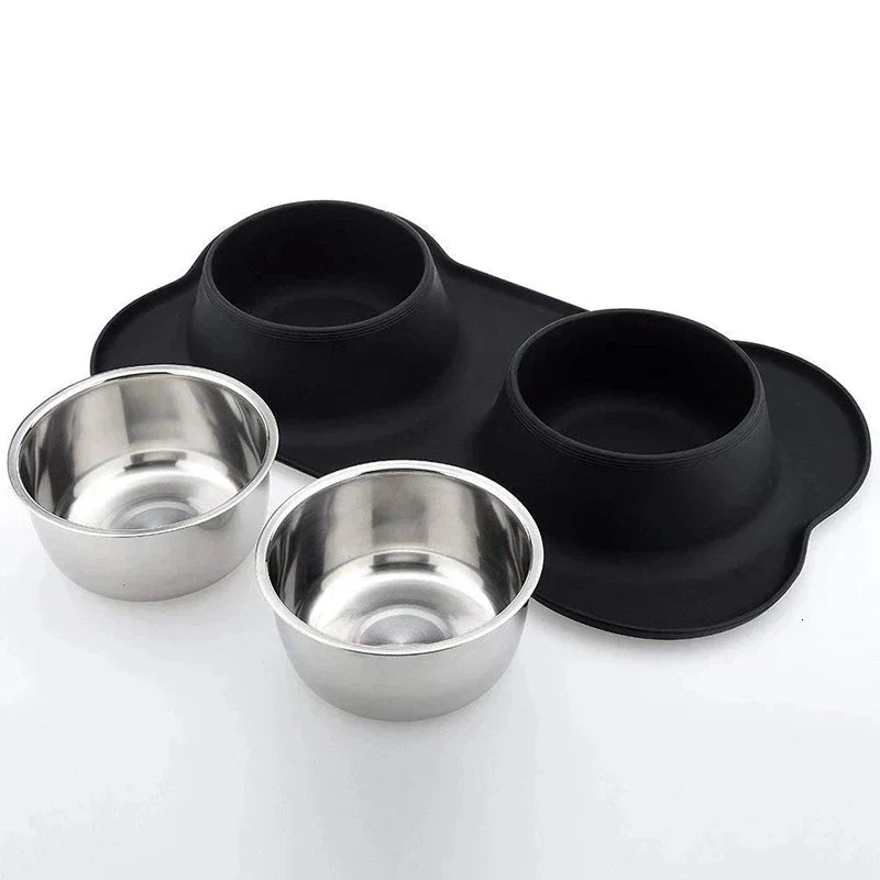 Antislip Double Dog Bowl with Silicone Mat Stainless Steel