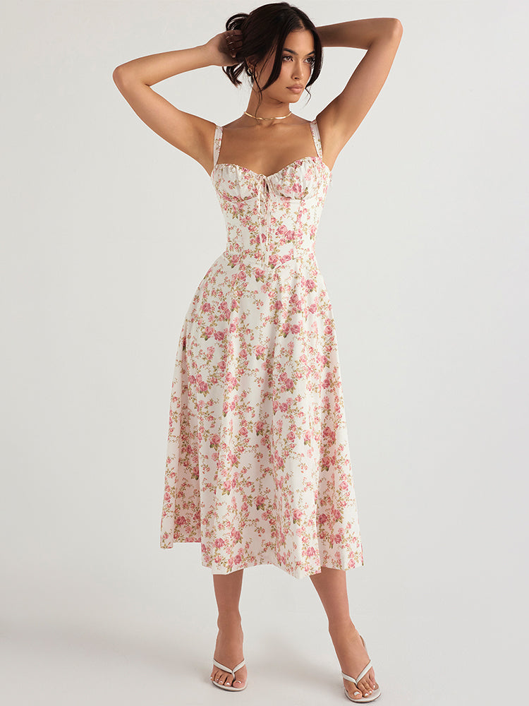 Floral Print Tie-Up Strap Flowy Midi Dress