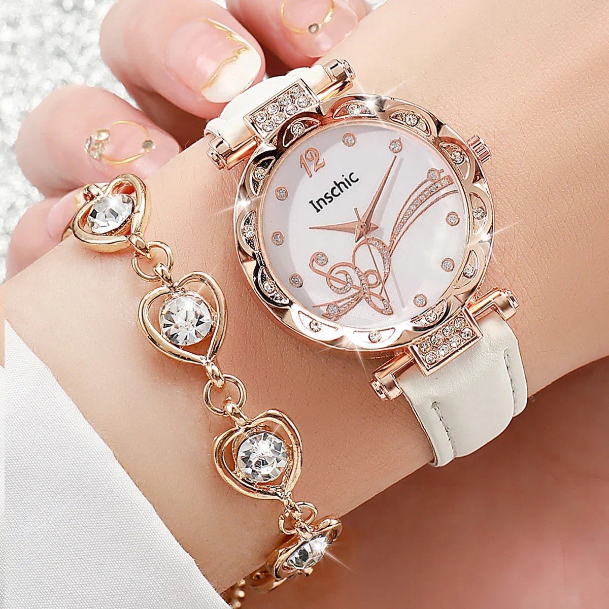 Rhinestone Heart Watch and Jewelry Set for Women