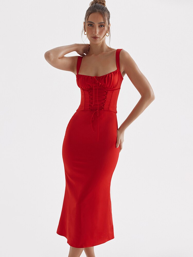 Red Satin Tie-Up Bustier Strappy Midi Dress