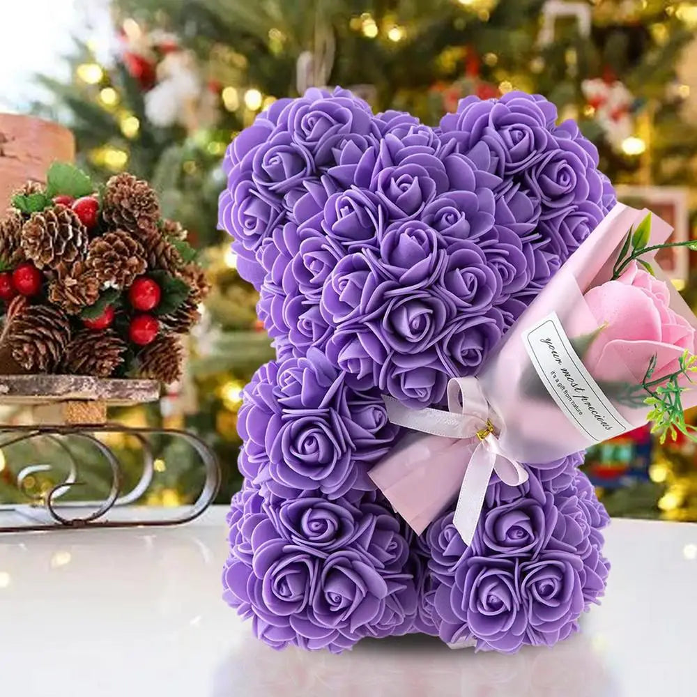 Rose Bear in Clear Box - Handmade Artificial Flower Gift for Valentine's Day, Birthday, or Special Occasion