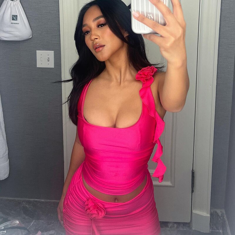 Flower Frill Applique Top and Bodycon Mini Skirt Set