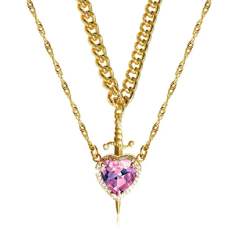 Heart and Sword Zircon Pendant Necklace Set
