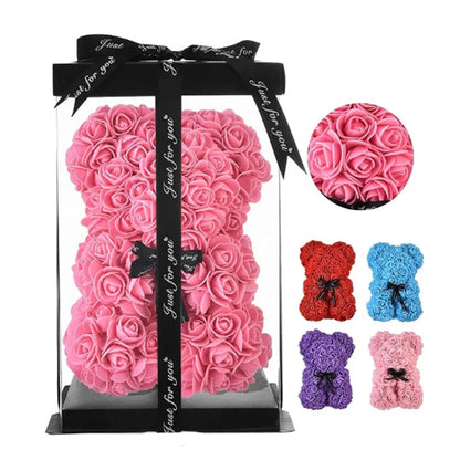 Artificial Rose Teddy Bear 25cm Romantic Floral Gift with Gift Box