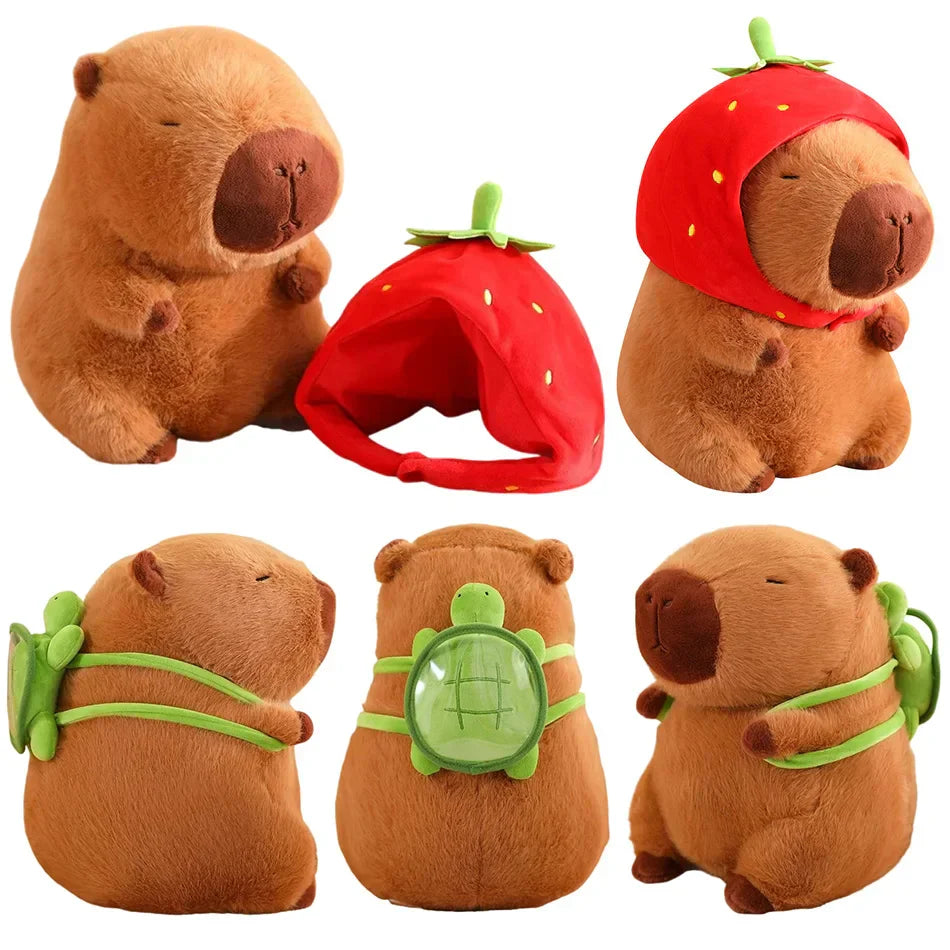 Cute Kawaii Capybara Plush Toy with Turtle Bag - Fluffy Strawberry Cap Gift