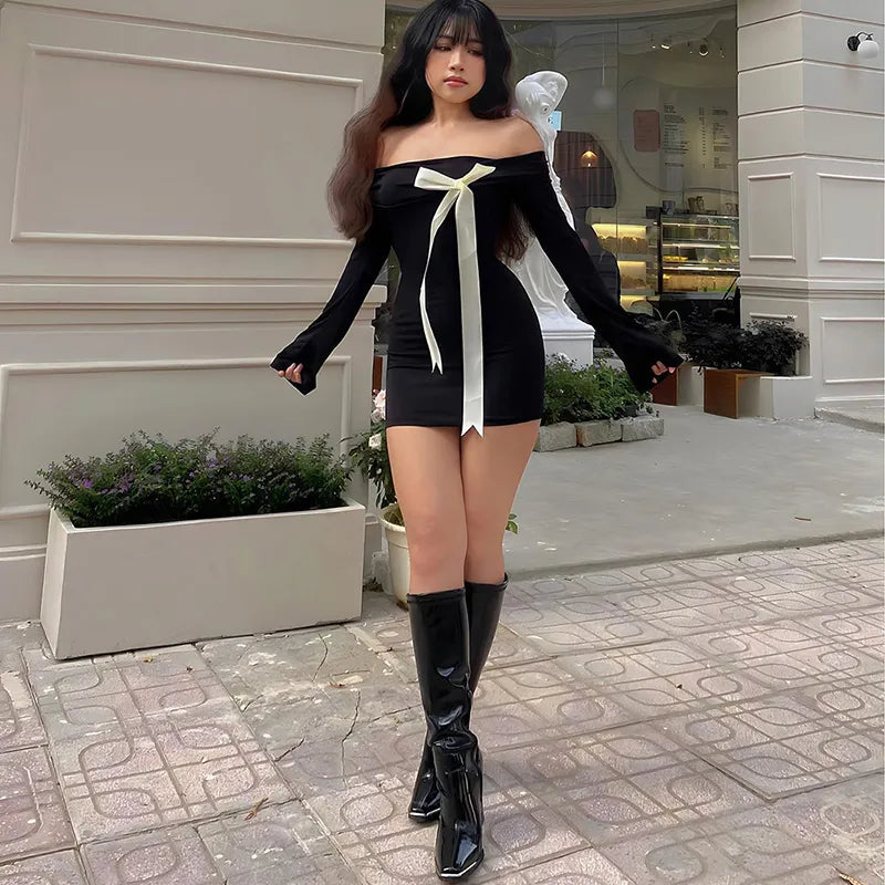 Black Off-Shoulder Long Sleeve Bow Mini Dress