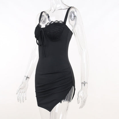 Black Lace Bustier Tie-Up Strap Mini Dress