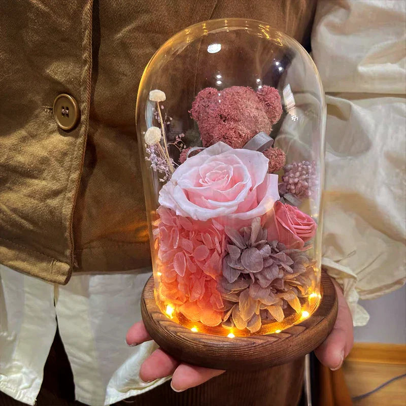 Eternal Preserved Rose Teddy Bear Gift Box with Lights