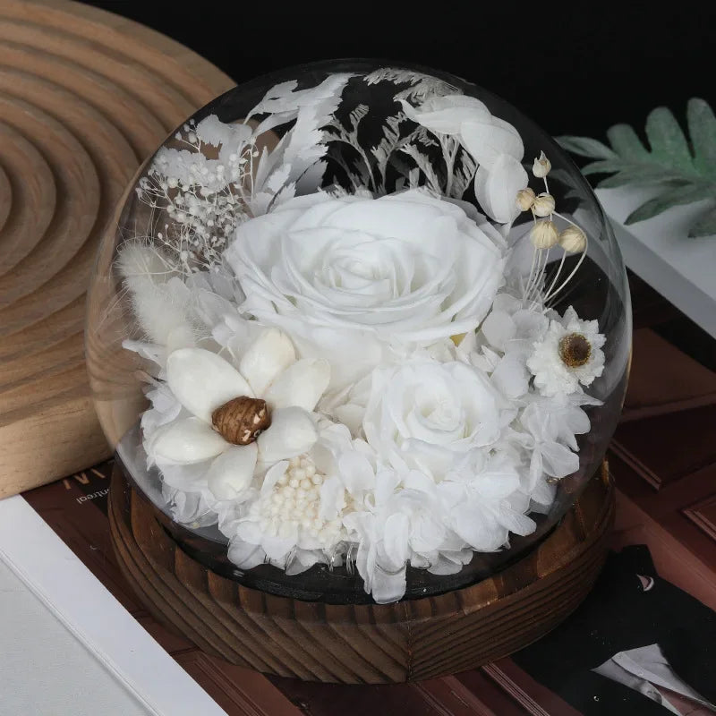 Preserved Red Rose and Carnation Dome with Wooden Base