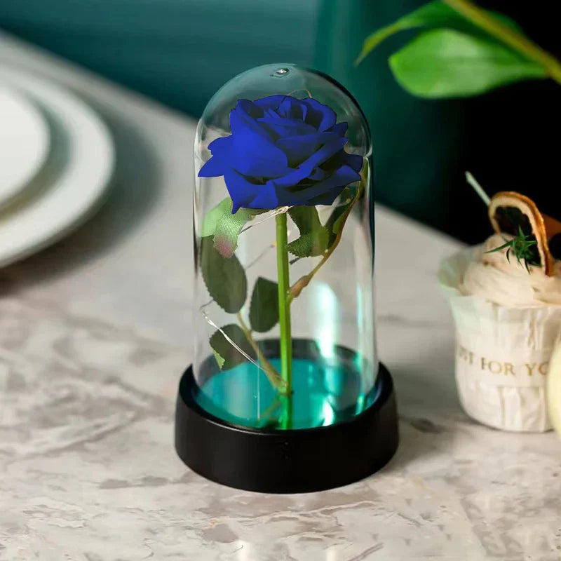 Eternal Rose in Glass Dome with LED Light - Romantic Gift for Valentine's Day, Christmas, or Birthday