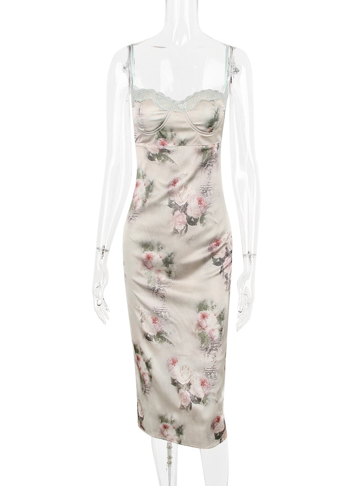 Green Satin Floral Print Bodycon Midi Dress
