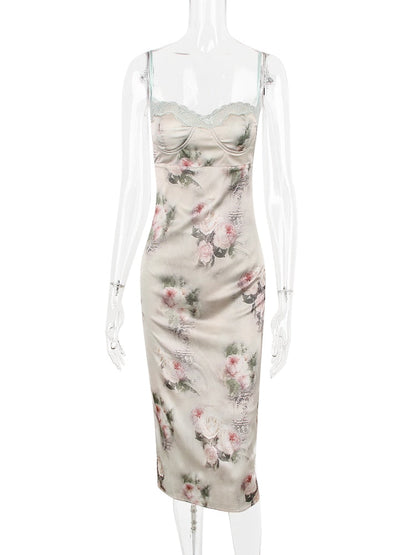 Green Satin Floral Print Bodycon Midi Dress