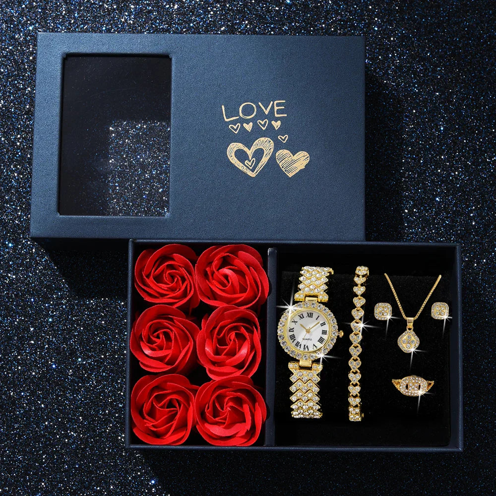 Gold Quartz Watch Jewelry Set for Women