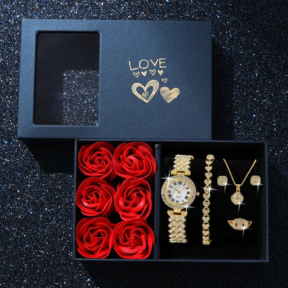 Gold Quartz Watch Jewelry Set for Women