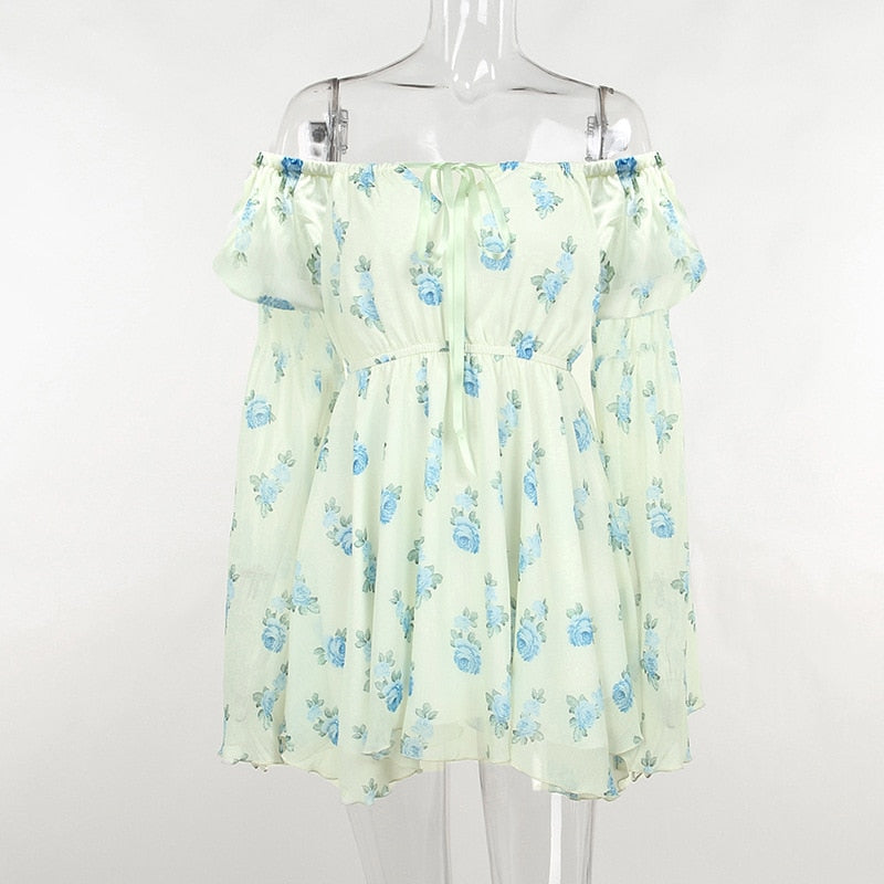 Floral Print Mesh Off Shoulder Long Sleeve Mini Dress With Corset