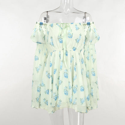 Floral Print Mesh Off Shoulder Long Sleeve Mini Dress With Corset