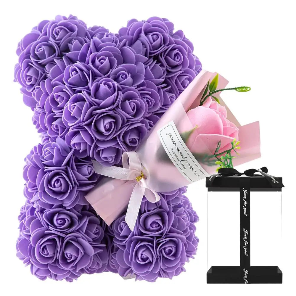 Rose Bear in Clear Box - Handmade Artificial Flower Gift for Valentine's Day, Birthday, or Special Occasion