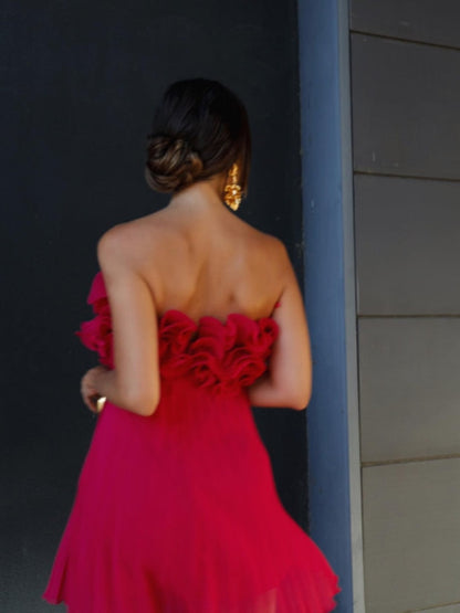 Red Ruffled Pleated Strapless Mini Dress