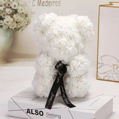 Artificial Rose Teddy Bear 25cm Romantic Floral Gift with Gift Box