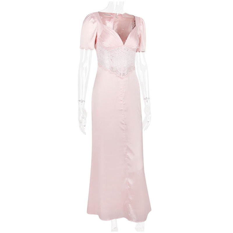 Pink Satin V-Neck Puff Sleeve Lace Patchwork Midi Dress