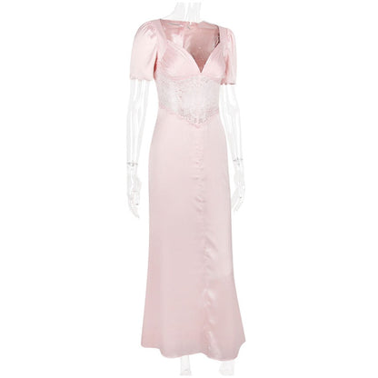 Pink Satin V-Neck Puff Sleeve Lace Patchwork Midi Dress