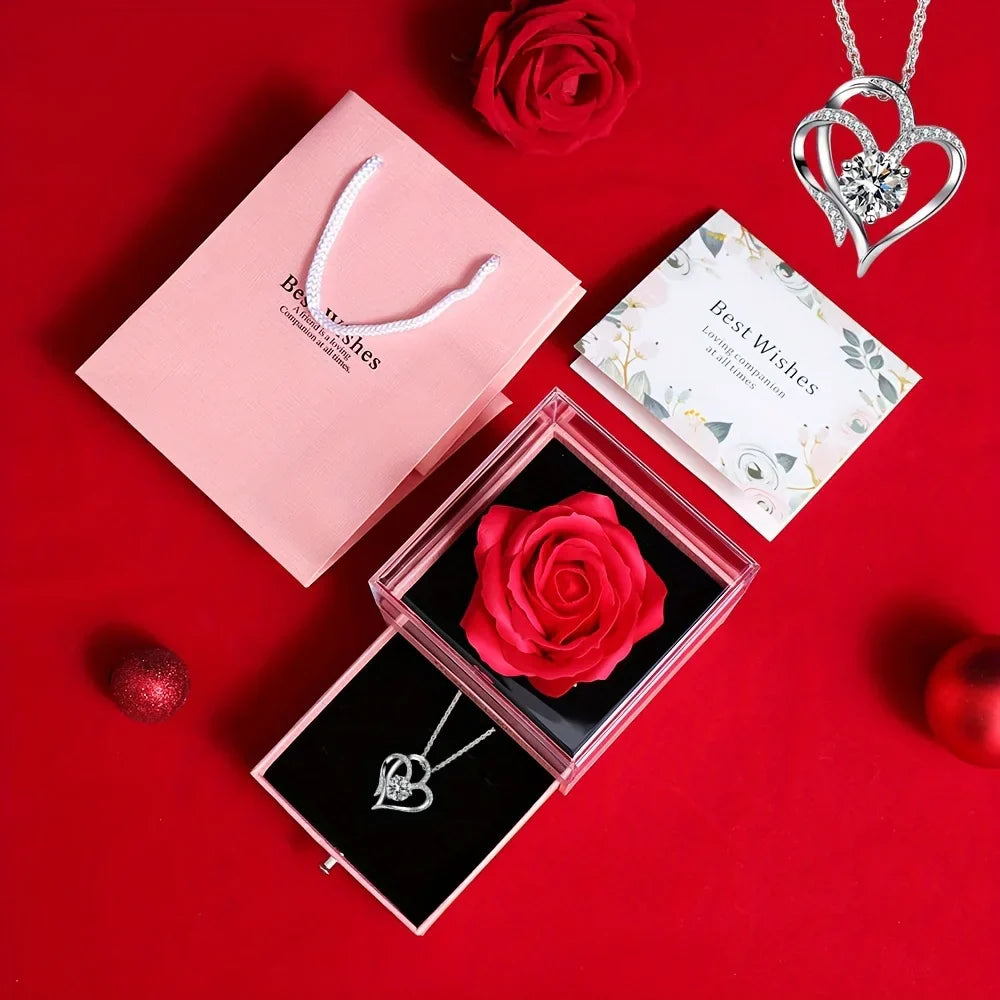 Preserved Rose Gift Box with Heart Necklace for Special Occasions