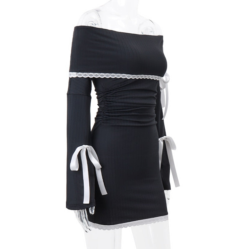Black Long Sleeve Off-shoulder Bow Mini Dress