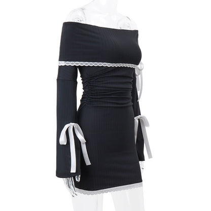 Black Long Sleeve Off-shoulder Bow Mini Dress