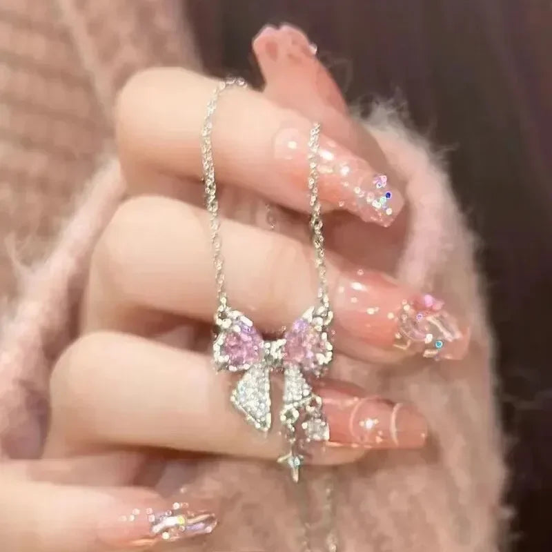 Pink Crystal Bow Pendant Necklace for Women