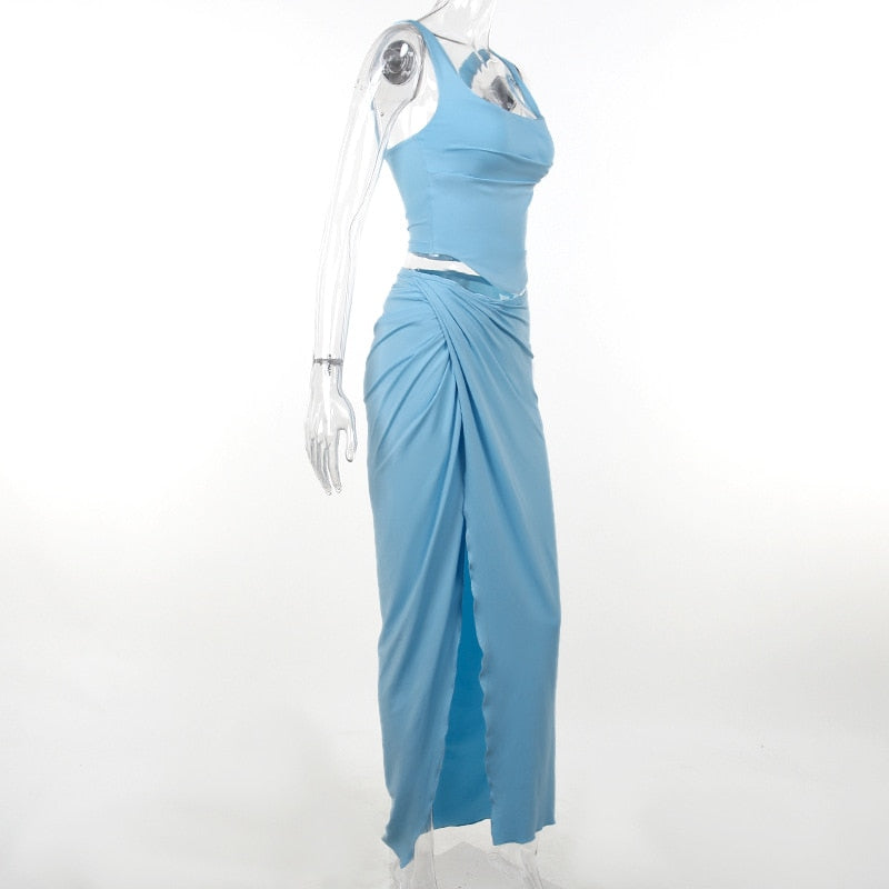 Blue Corset Top And Slit Maxi Skirt Set