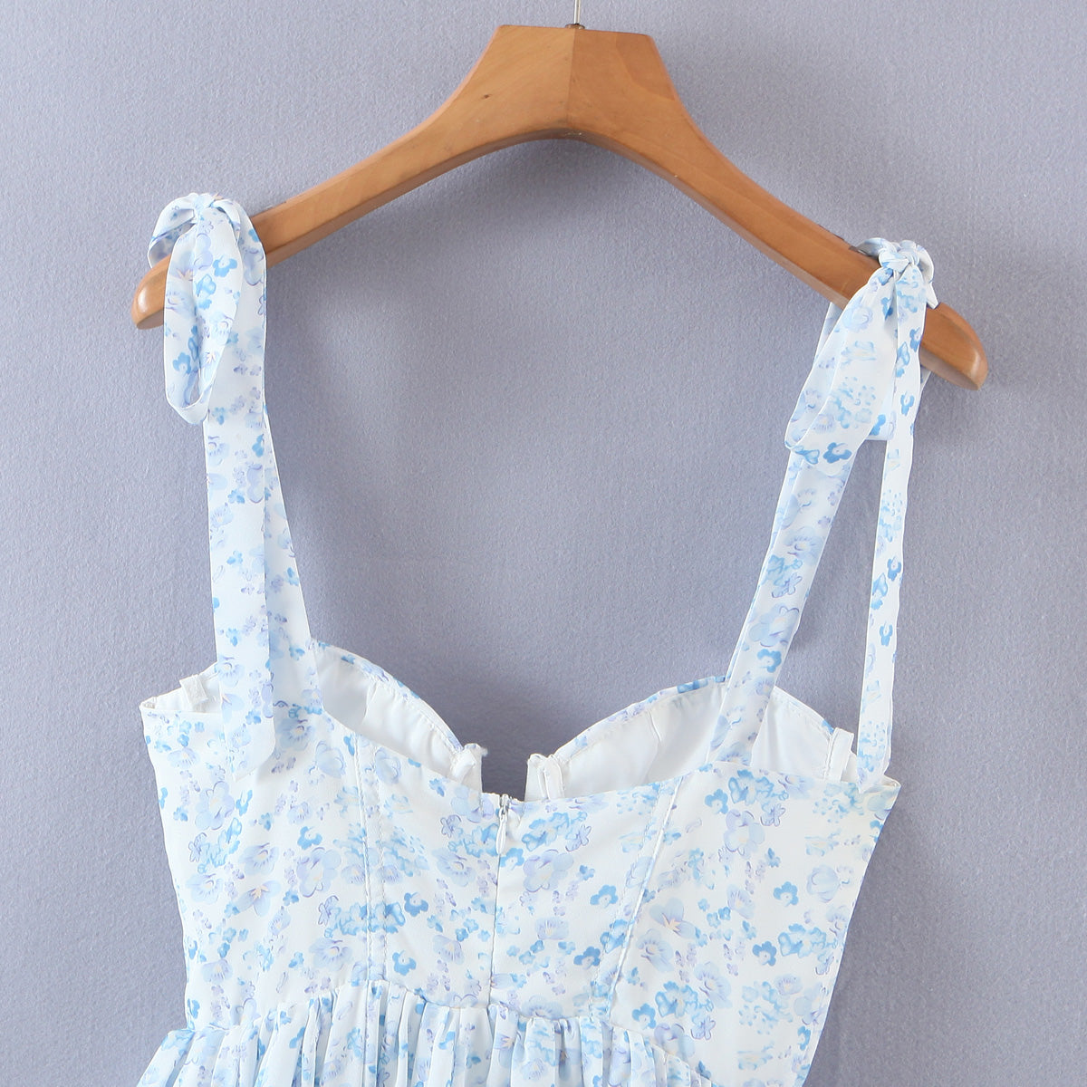 Blue Floral Bustier Tie Up Frill Mini Dress