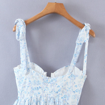 Blue Floral Bustier Tie Up Frill Mini Dress