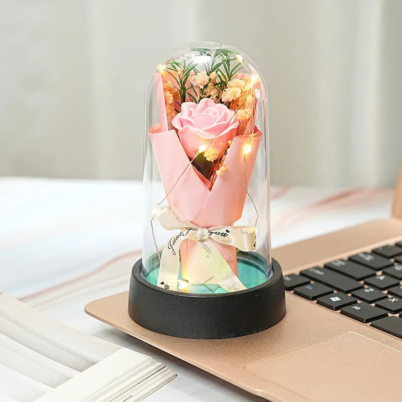Everlasting Rose LED Glass Dome Bouquet Romantic Decorative Ornament for Valentine's Day and Home