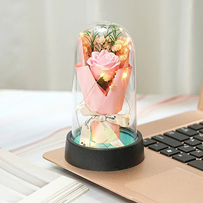 Everlasting Rose LED Glass Dome Bouquet Romantic Decorative Ornament for Valentine's Day and Home