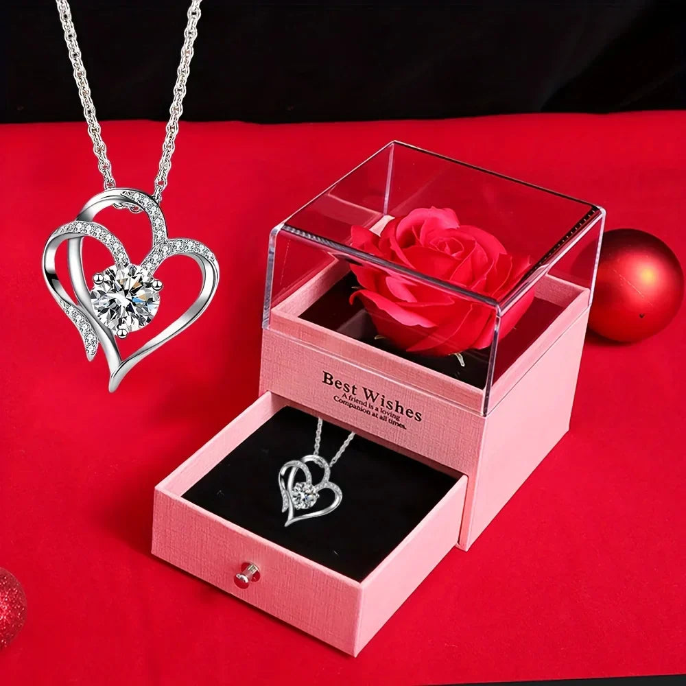 Preserved Rose Gift Box with Heart Necklace for Special Occasions