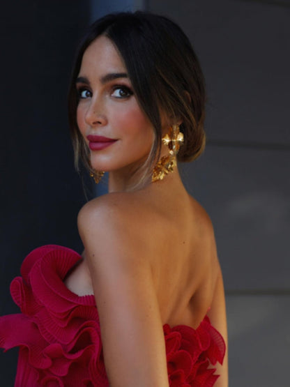 Red Ruffled Pleated Strapless Mini Dress