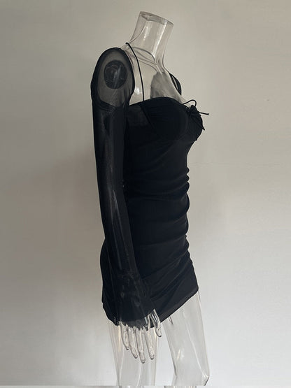 Long Sleeve Mesh Tie Up Hollow Drawstring Mini Dress