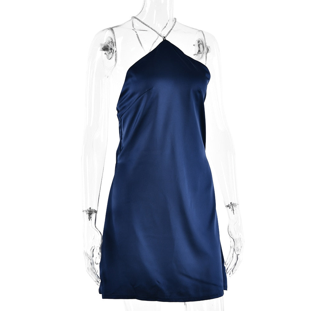 Sequin Strap Halter Backless Satin Mini Dress