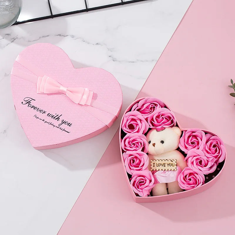 Romantic Bear Soap Bouquet with Roses Gift Box for Valentine's Day and Special Occasions