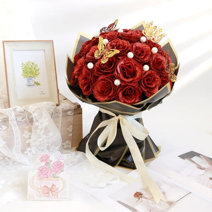 Glitter Artificial Rose Bouquet for Gifts and Decoration