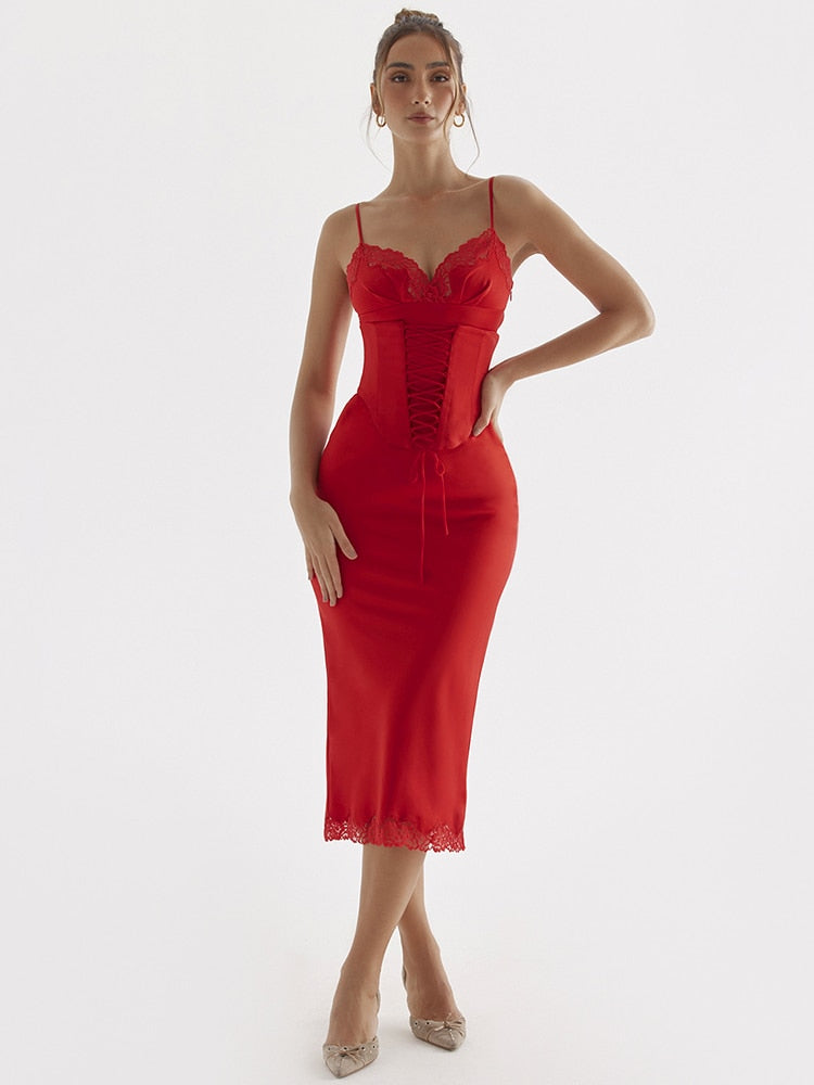 Satin Lace Trim Corset Midi Dress